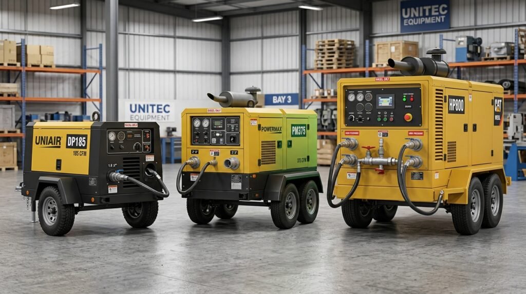 185 CFM to 800 CFM diesel air compressor range - Vortex portable compressor specifications