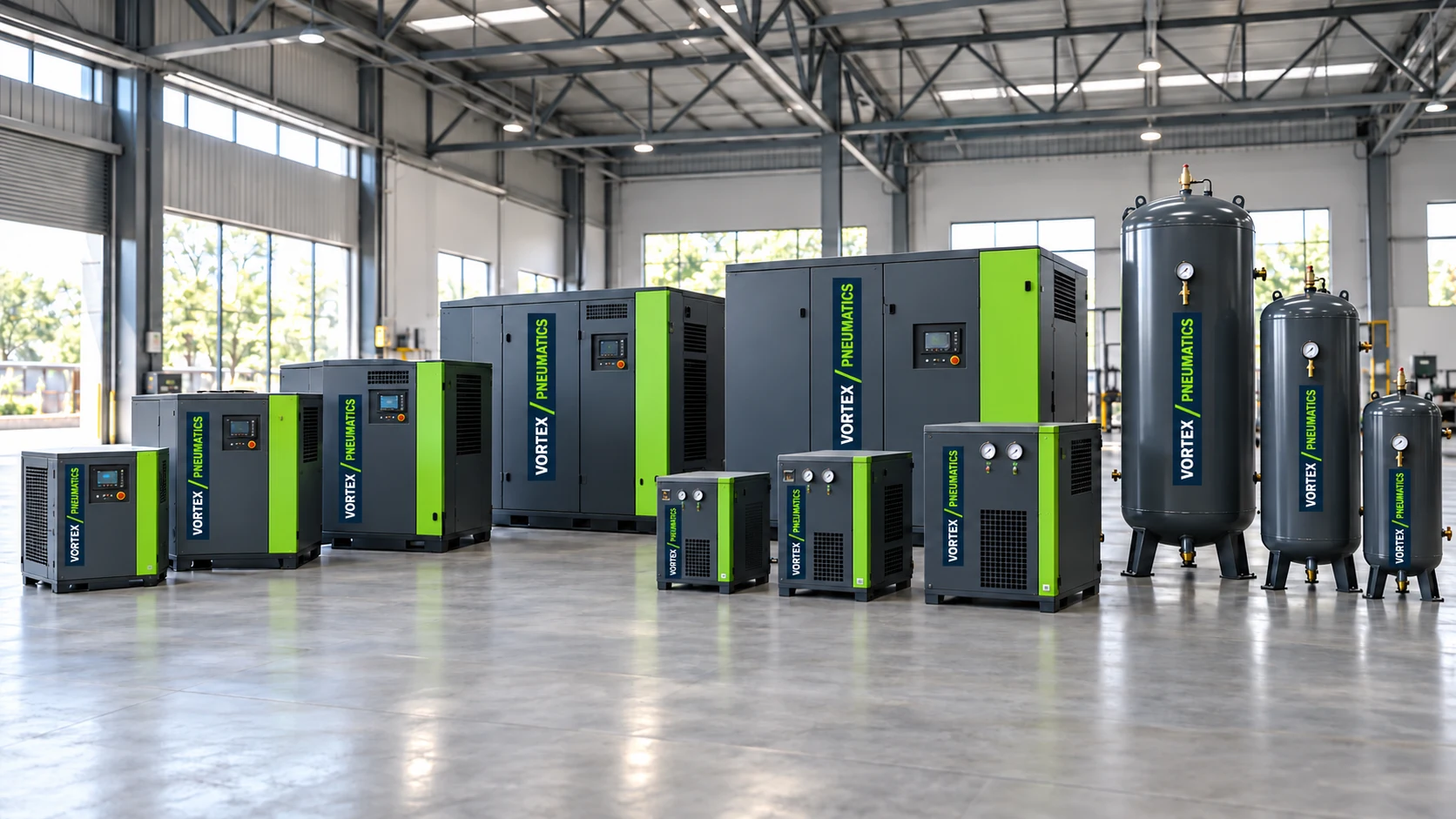 Industrial screw air compressor range in Sri Lanka with Vortex Pneumatics compressors dryers and air receiver tanks