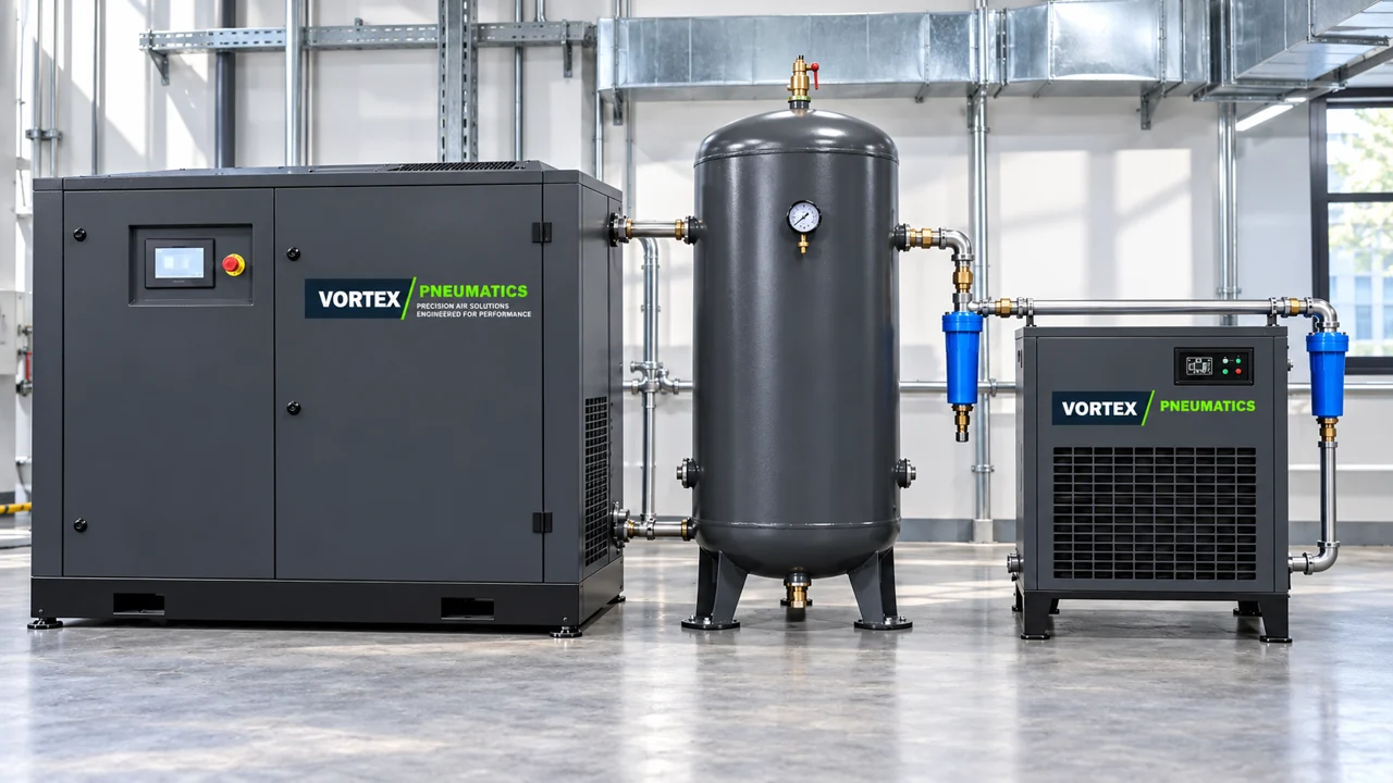 Air receiver tank in the centre of a Vortex Pneumatics compressor and dryer package — AI illustration